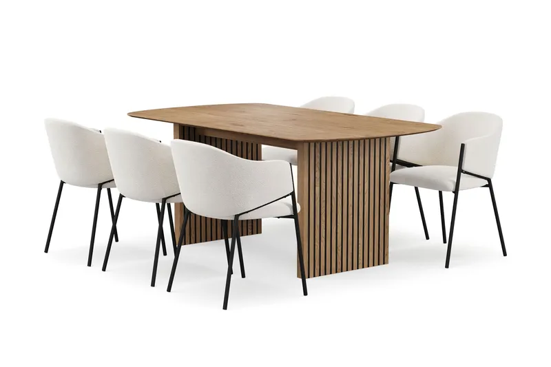 Richeto Ruokapöytä 180 cm 6 Filip Ruokatuolilla, Luonnollinen viimeistely / Valkoinen Bouclé