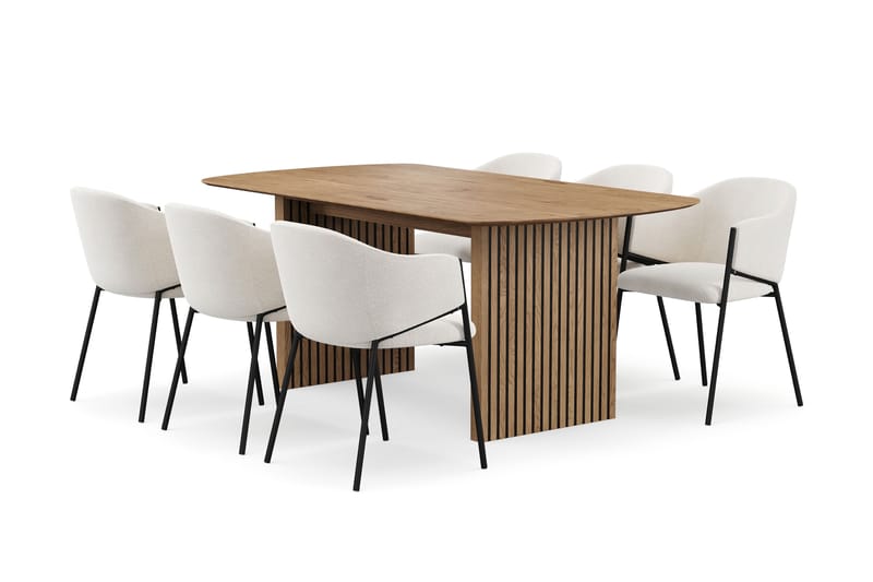 Richeto Ruokapöytä 180 cm 6 Filip Ruokatuolilla, Luonnollinen viimeistely / Valkoinen Bouclé