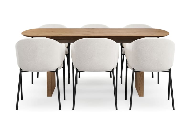 Richeto Ruokapöytä 180 cm 6 Filip Ruokatuolilla - Luonnollinen viimeistely / Valkoinen Bouclé - Huonekalut - Pöytä & ruokailuryhmä - Ruokailuryhmä
