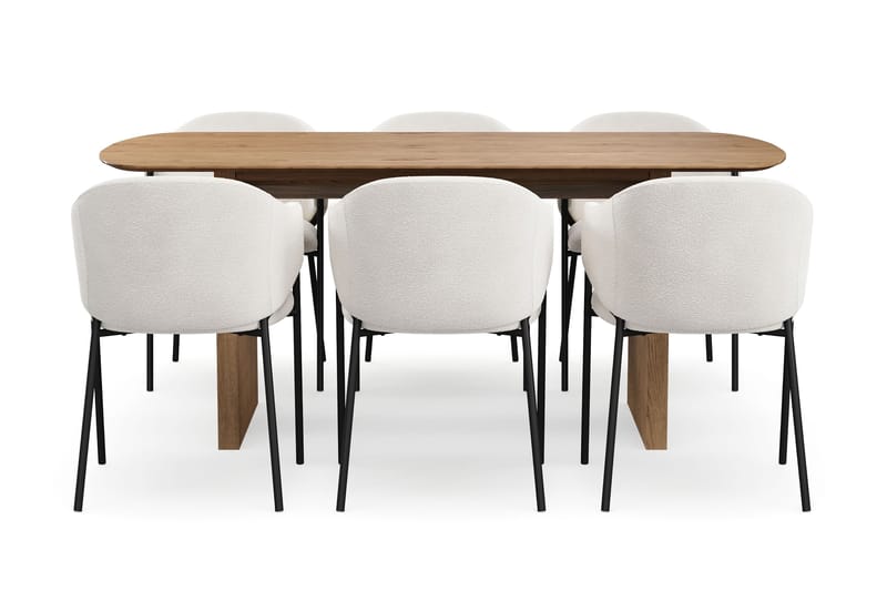 Richeto Ruokapöytä 180 cm 6 Filip Ruokatuolilla - Luonnollinen viimeistely / Valkoinen Bouclé - Huonekalut - Pöytä & ruokailuryhmä - Ruokailuryhmä