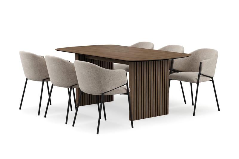 Richeto Ruokapöytä 180 cm 6 Filip Ruokatuolilla, Savutammi / Taupe Bouclé