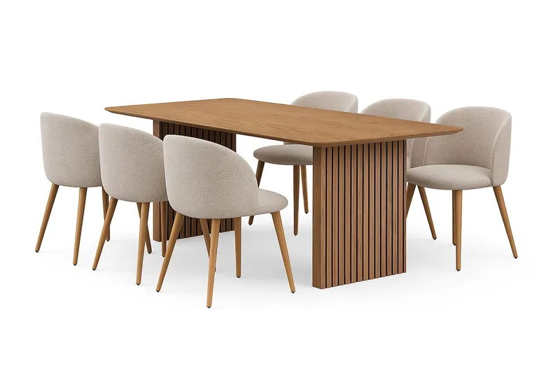 Richeto Ruokapöytä 180 cm 6 Greya Ruokatuolia käsinojilla, Luonnollinen viimeistely / Greige Bouclé / Metallijalat Tammi