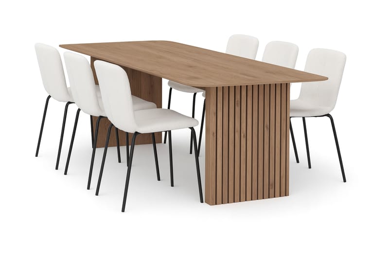 Richeto Ruokapöytä 180 cm 6 Katy Ruokatuolilla, Luonnollinen viimeistely / Valkoinen Bouclé / Metallijalat Musta