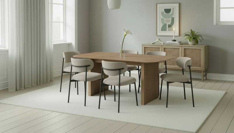 Richeto Ruokapöytä 180 cm 6 Lucy Ruokatuolilla - Luonnollinen viimeistely / Greige Bouclé / Metallijalat Musta - Huonekalut - Pöytä & ruokailuryhmä - Ruokailuryhmä