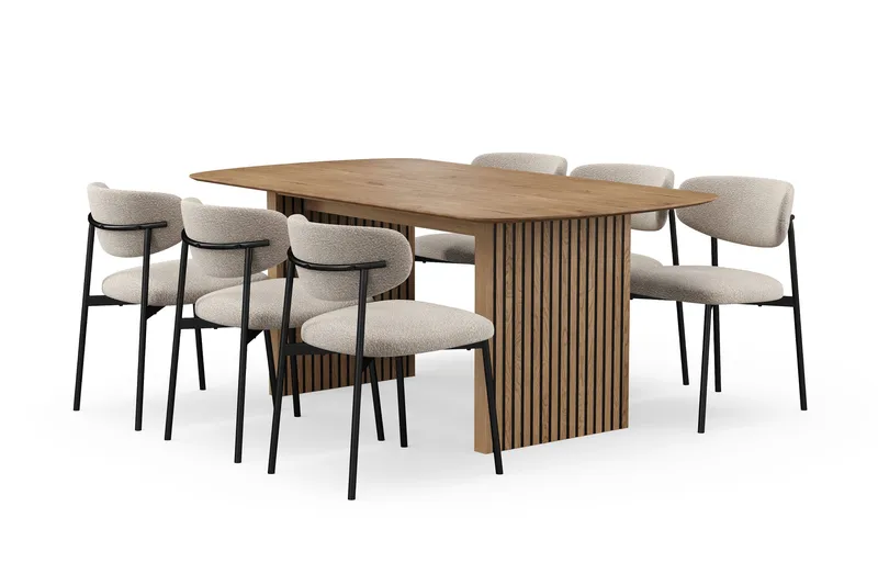 Richeto Ruokapöytä 180 cm 6 Lucy Ruokatuolilla, Luonnollinen viimeistely / Greige Bouclé / Metallijalat Musta