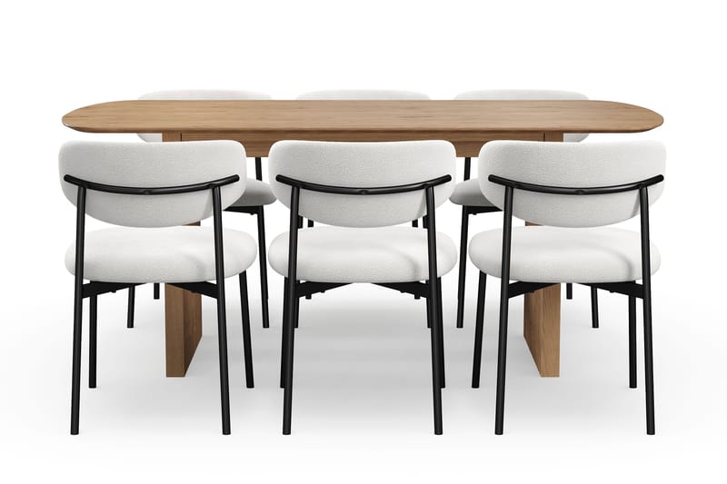 Richeto Ruokapöytä 180 cm 6 Lucy Ruokatuolilla - Luonnollinen viimeistely / Valkoinen Bouclé / Metallijalat Musta - Huonekalut - Pöytä & ruokailuryhmä - Ruokailuryhmä