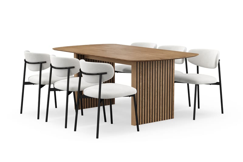 Richeto Ruokapöytä 180 cm 6 Lucy Ruokatuolilla, Luonnollinen viimeistely / Valkoinen Bouclé / Metallijalat Musta