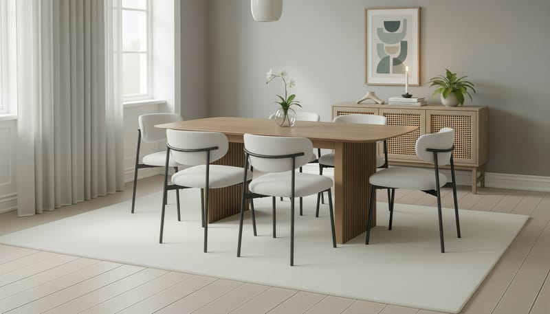 Richeto Ruokapöytä 180 cm 6 Lucy Ruokatuolilla - Luonnollinen viimeistely / Valkoinen Bouclé / Metallijalat Musta - Huonekalut - Pöytä & ruokailuryhmä - Ruokailuryhmä