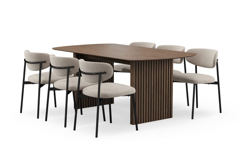 Richeto Ruokapöytä 180 cm 6 Lucy Ruokatuolilla, Savutammi / Greige Bouclé