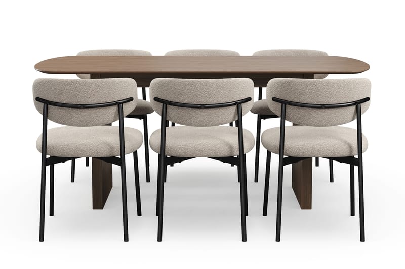 Richeto Ruokapöytä 180 cm 6 Lucy Ruokatuolilla - Savutammi / Greige Bouclé - Huonekalut - Pöytä & ruokailuryhmä - Ruokailuryhmä