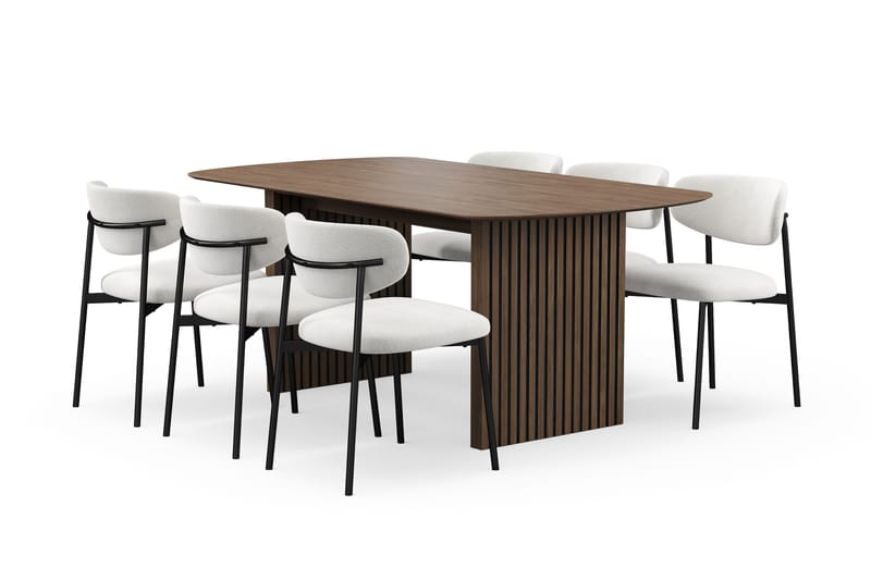 Richeto Ruokapöytä 180 cm 6 Lucy Ruokatuolilla, Savutammi / Valkoinen Bouclé