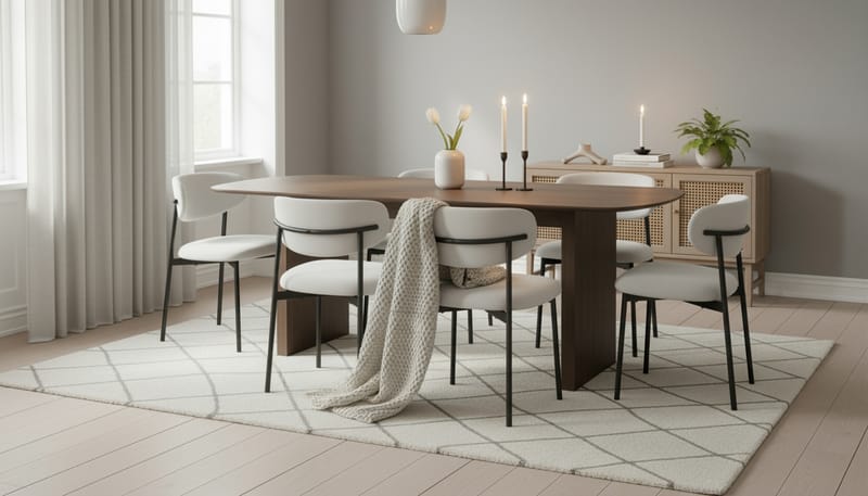 Richeto Ruokapöytä 180 cm 6 Lucy Ruokatuolilla - Savutammi / Valkoinen Bouclé - Huonekalut - Pöytä & ruokailuryhmä - Ruokailuryhmä