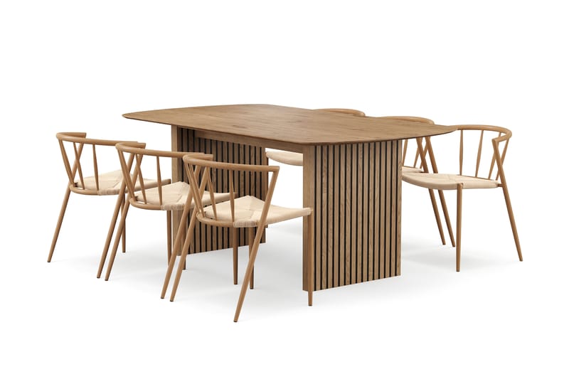 Richeto Ruokapöytä 180 cm 6 Winston Ruokatuolilla, Luonnollinen viimeistely / Beige / Metallijalat Tammi