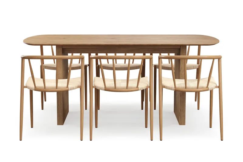 Richeto Ruokapöytä 180 cm 6 Winston Ruokatuolilla - Luonnollinen viimeistely / Beige / Metallijalat Tammi - Huonekalut - Pöytä & ruokailuryhmä - Ruokailuryhmä