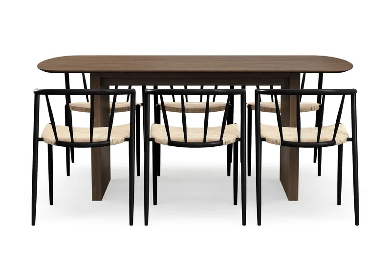 Richeto Ruokapöytä 180 cm 6 Winston Ruokatuolilla - Savutammi / Beige / Metallijalat Musta - Huonekalut - Pöytä & ruokailuryhmä - Ruokailuryhmä