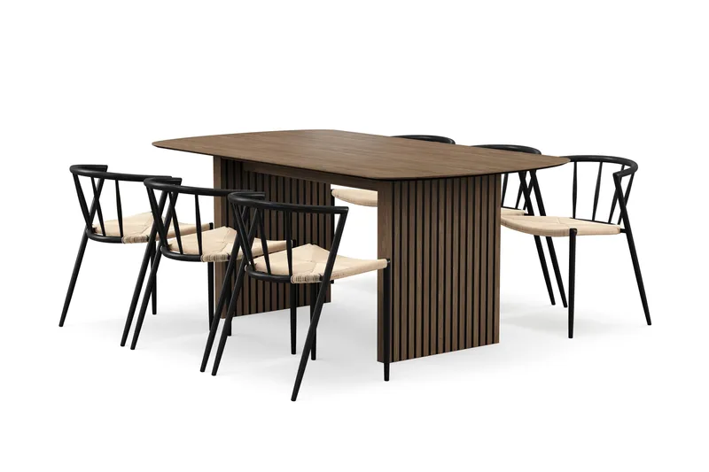 Richeto Ruokapöytä 180 cm 6 Winston Ruokatuolilla, Savutammi / Beige / Metallijalat Musta