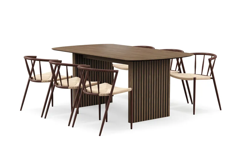 Richeto Ruokapöytä 180 cm 6 Winston Ruokatuolilla, Savutammi / Beige / Metallijalat Savutammi