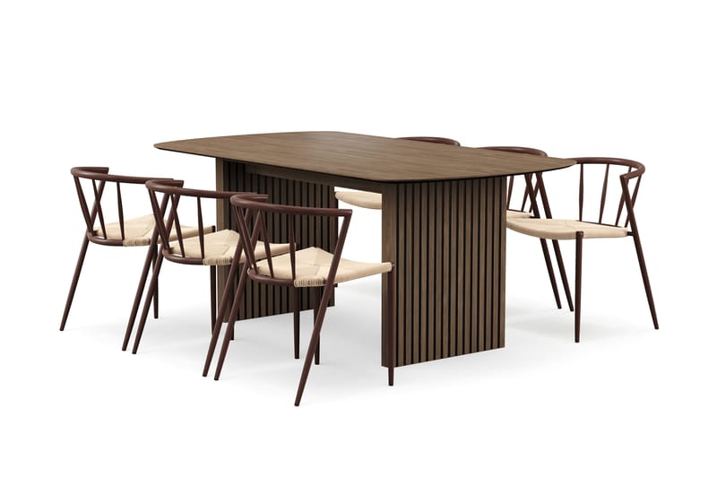 Richeto Ruokapöytä 180 cm 6 Winston Ruokatuolilla, Savutammi / Beige / Metallijalat Savutammi