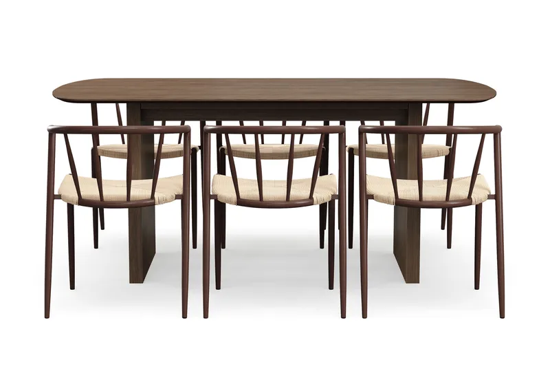 Richeto Ruokapöytä 180 cm 6 Winston Ruokatuolilla - Savutammi / Beige / Metallijalat Savutammi - Huonekalut - Pöytä & ruokailuryhmä - Ruokailuryhmä