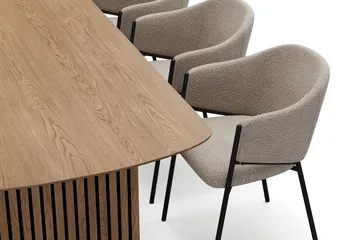 Richeto-ruokapöytä 180 cm ja 6 Filip-ruokatuolia - Luonnonpuuviimeistely / taupe bouclé - Huonekalut - Pöytä & ruokailuryhmä - Ruokailuryhmä