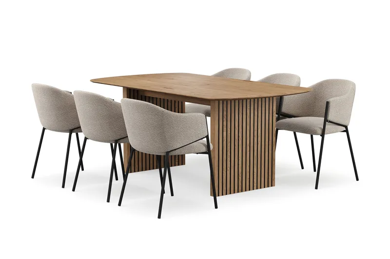 Richeto-ruokapöytä 180 cm ja 6 Filip-ruokatuolia, Luonnonpuuviimeistely / taupe bouclé