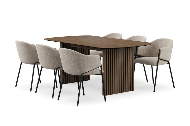 Richeto-ruokapöytä 180 cm ja 6 Filip-ruokatuolia, Savutammi / taupe bouclé