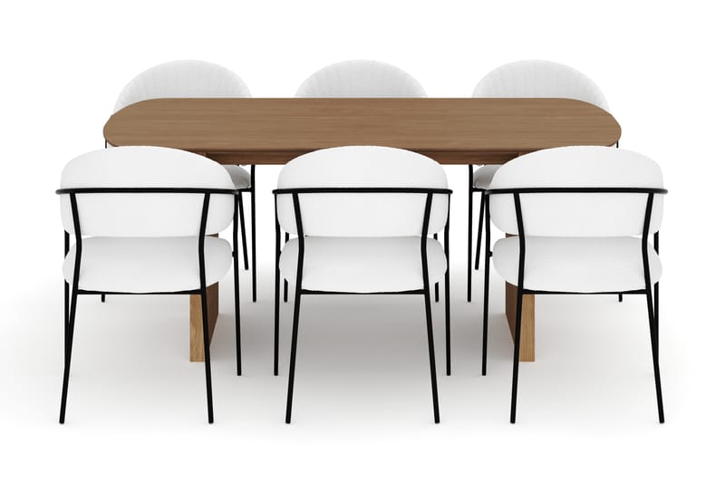 Richeto Ruokapöytä 180 cm ja 6 Karol Ruokatuolia - Luonnollinen viimeistely / Valkoinen Bouclé - Huonekalut - Pöytä & ruokailuryhmä - Ruokailuryhmä