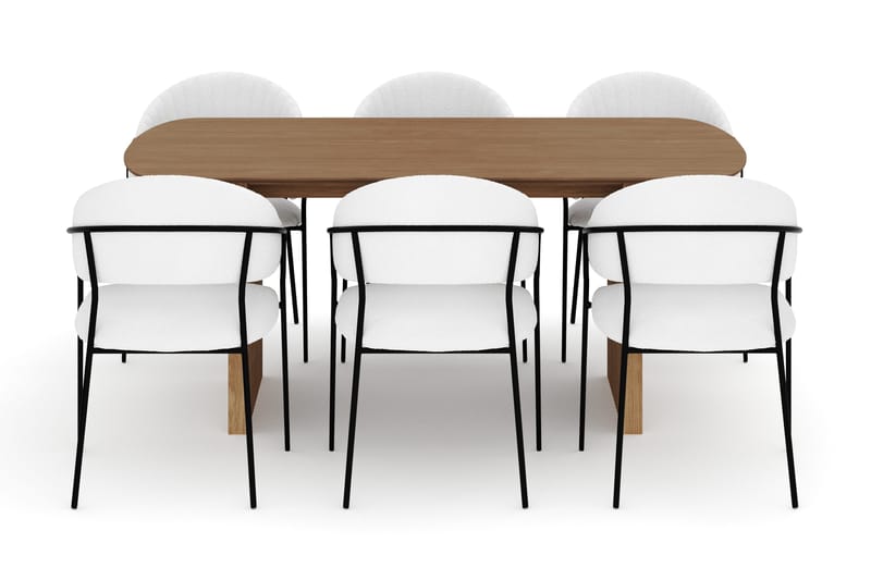 Richeto Ruokapöytä 180 cm ja 6 Karol Ruokatuolia - Luonnollinen viimeistely / Valkoinen Bouclé - Huonekalut - Pöytä & ruokailuryhmä - Ruokailuryhmä