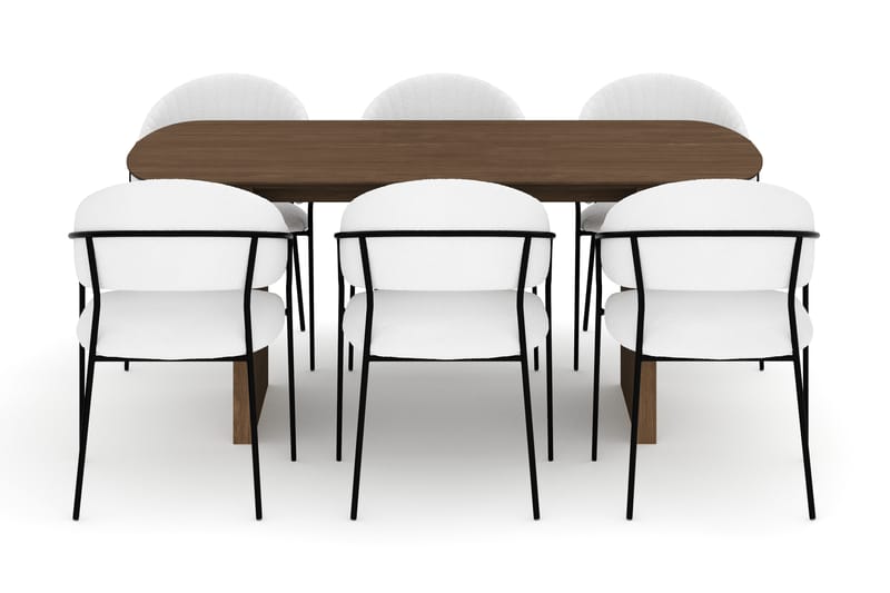 Richeto Ruokapöytä 180 cm ja 6 Karol Ruokatuolia - Savutammi / Valkoinen Bouclé - Huonekalut - Pöytä & ruokailuryhmä - Ruokailuryhmä