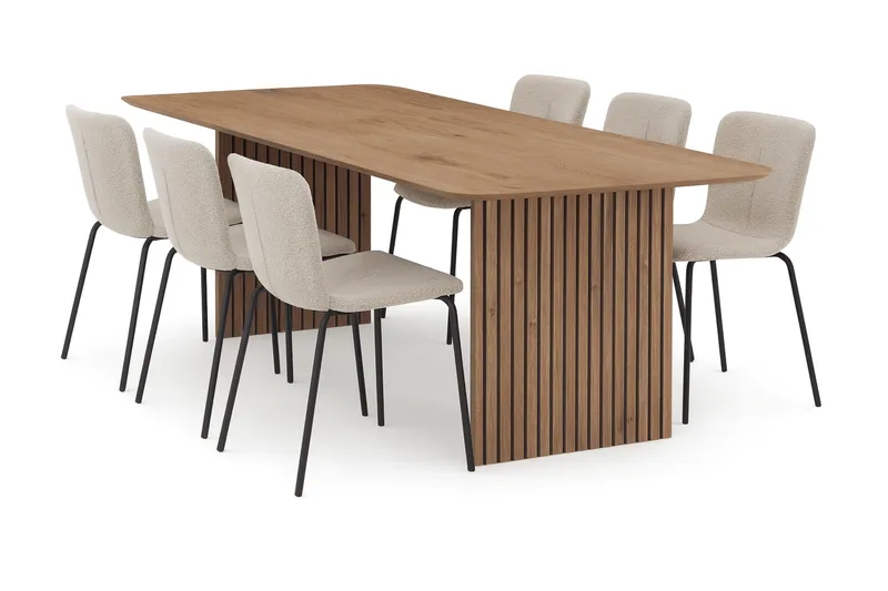 Richeto-ruokapöytä 180 cm ja 6 Katy-ruokatuolia, Luonnollinen viimeistely / Greige-bouclé / Metallijalat musta