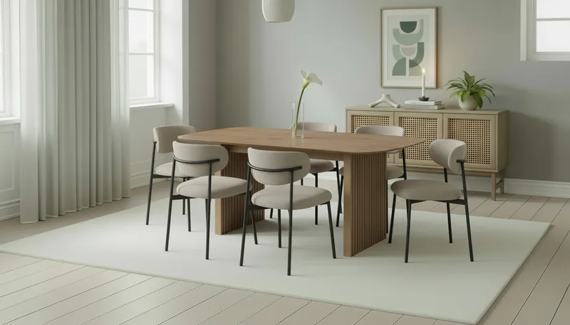 Richeto-ruokapöytä 180 cm ja 6 Lucy-ruokatuolia - Luonnollinen viimeistely / Greige-bouclé / Metallijalat musta - Huonekalut - Pöytä & ruokailuryhmä - Ruokailuryhmä