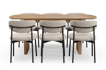 Richeto-ruokapöytä 180 cm ja 6 Lucy-ruokatuolia - Luonnollinen viimeistely / Greige-bouclé / Metallijalat musta - Huonekalut - Pöytä & ruokailuryhmä - Ruokailuryhmä