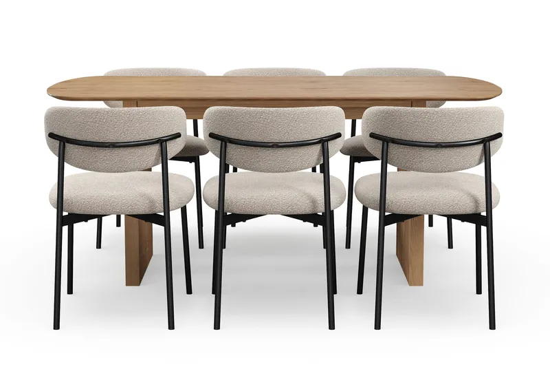 Richeto-ruokapöytä 180 cm ja 6 Lucy-ruokatuolia - Luonnollinen viimeistely / Greige-bouclé / Metallijalat musta - Huonekalut - Pöytä & ruokailuryhmä - Ruokailuryhmä