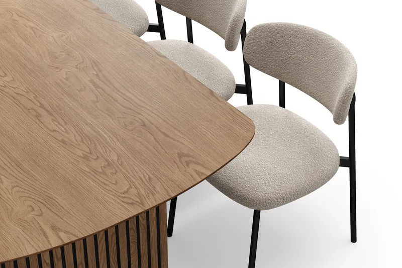 Richeto-ruokapöytä 180 cm ja 6 Lucy-ruokatuolia - Luonnollinen viimeistely / Greige-bouclé / Metallijalat musta - Huonekalut - Pöytä & ruokailuryhmä - Ruokailuryhmä