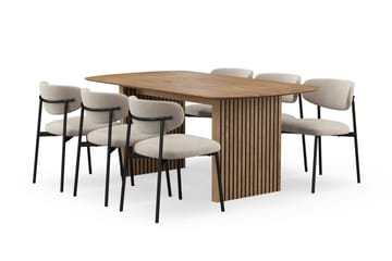 Richeto-ruokapöytä 180 cm ja 6 Lucy-ruokatuolia - Luonnollinen viimeistely / Greige-bouclé / Metallijalat musta - Huonekalut - Pöytä & ruokailuryhmä - Ruokailuryhmä