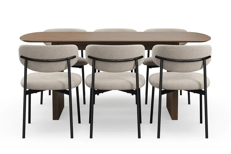 Richeto-ruokapöytä 180 cm ja 6 Lucy-ruokatuolia - Savustettu tammi / Greige-bouclé - Huonekalut - Pöytä & ruokailuryhmä - Ruokailuryhmä
