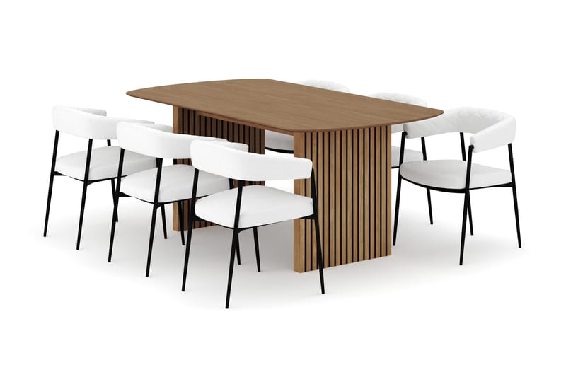 Richeto Ruokapöytä 180 cm ja 6 Velma Ruokatuolia, Luonnollinen viimeistely / Valkoinen Bouclé