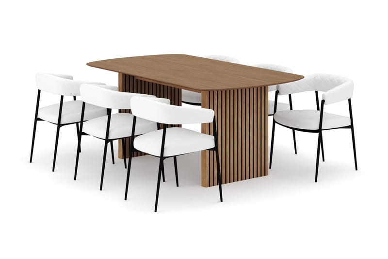 Richeto Ruokapöytä 180 cm ja 6 Velma Ruokatuolia, Luonnollinen viimeistely / Valkoinen Bouclé