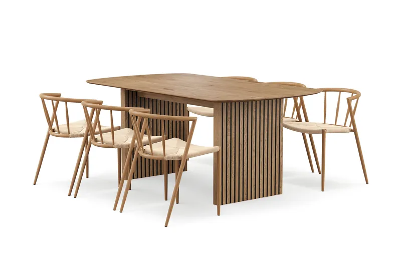 Richeto-ruokapöytä 180 cm ja 6 Winston-ruokatuolia, Luonnollinen viimeistely / Beige / metallijalat, tammi