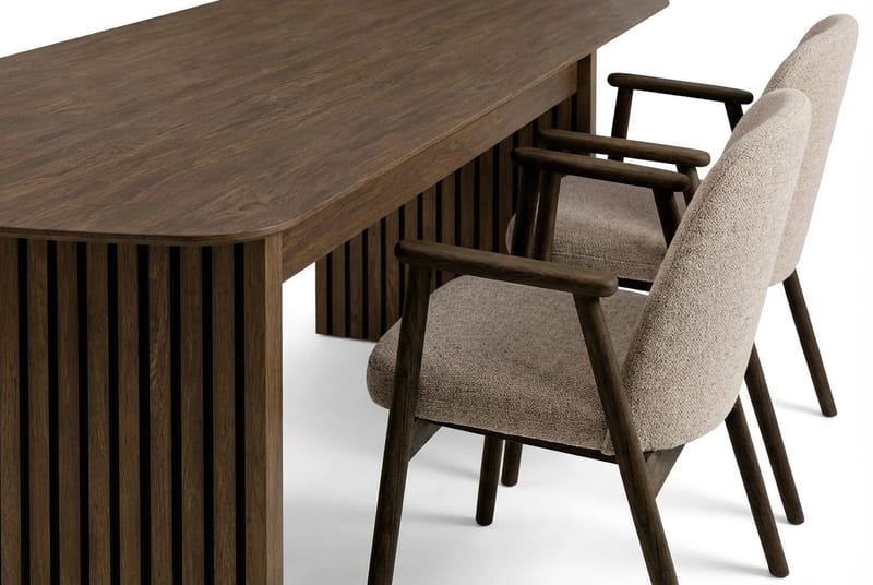 Richeto-ruokapöytä 180 cm savutammea ja 4 Reciclar-ruokatuolia - Savutammi/greige - Huonekalut - Pöytä & ruokailuryhmä - Ruokailuryhmä