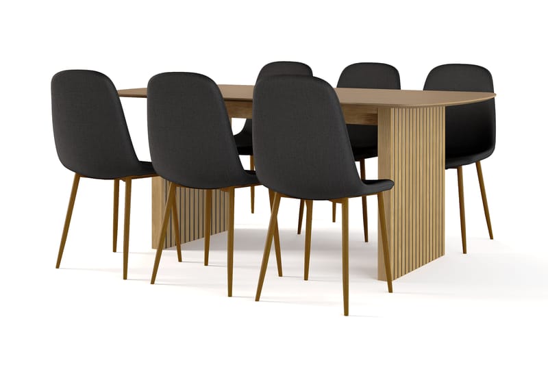 Richeto Ruokapöytä 180 cm tammi + 6 kpl Naira tuoli musta tammijaloilla, Luonnonväri/Musta