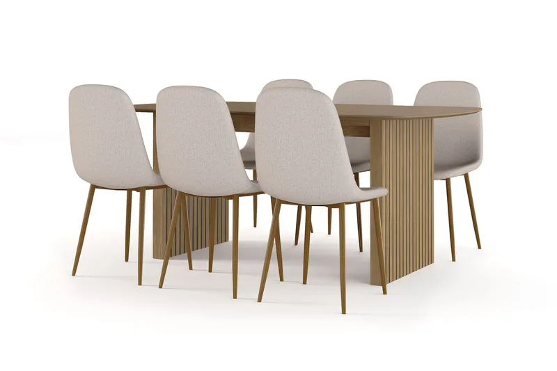 Richeto-ruokapöytä 180 cm tammi + 6 kpl Nibe-tuolia beige, tammijalat, Luonnonväri/beige