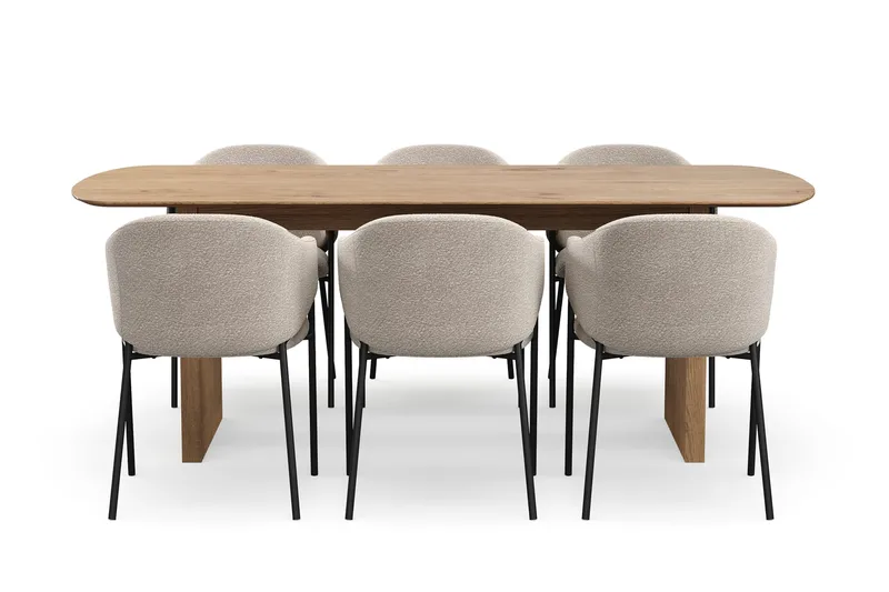 Richeto Ruokapöytä 210 cm 6 Filip Ruokatuolilla - Luonnollinen viimeistely / Taupe Bouclé - Huonekalut - Pöytä & ruokailuryhmä - Ruokailuryhmä