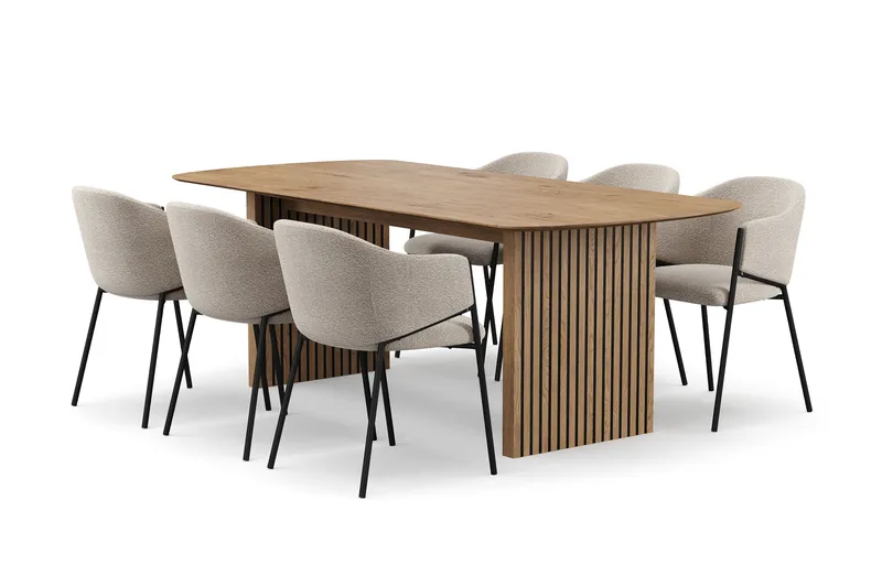 Richeto Ruokapöytä 210 cm 6 Filip Ruokatuolilla, Luonnollinen viimeistely / Taupe Bouclé
