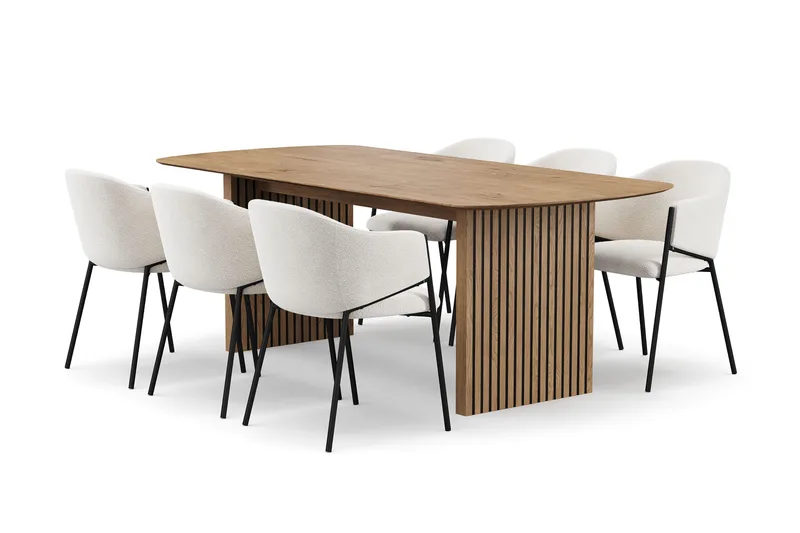 Richeto Ruokapöytä 210 cm 6 Filip Ruokatuolilla, Luonnollinen viimeistely / Valkoinen Bouclé