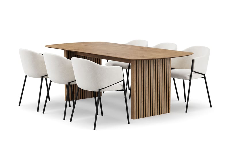 Richeto Ruokapöytä 210 cm 6 Filip Ruokatuolilla, Luonnollinen viimeistely / Valkoinen Bouclé