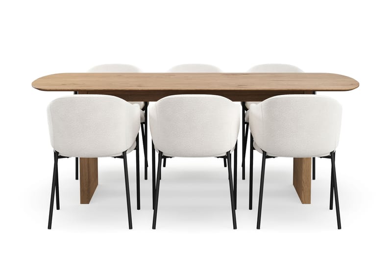 Richeto Ruokapöytä 210 cm 6 Filip Ruokatuolilla - Luonnollinen viimeistely / Valkoinen Bouclé - Huonekalut - Pöytä & ruokailuryhmä - Ruokailuryhmä