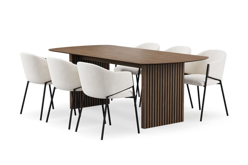 Richeto Ruokapöytä 210 cm 6 Filip Ruokatuolilla, Savutammi / Valkoinen Bouclé