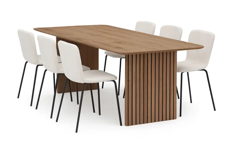 Richeto Ruokapöytä 210 cm 6 Katy Ruokatuolilla, Luonnollinen viimeistely / Valkoinen Bouclé / Metallijalat Musta