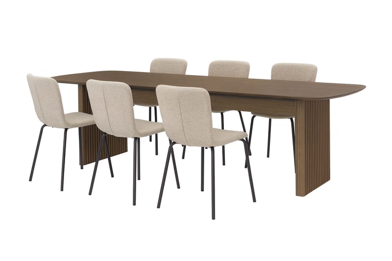 Richeto Ruokapöytä 210 cm 6 Katy Ruokatuolilla, Savutammi / Greige Bouclé
